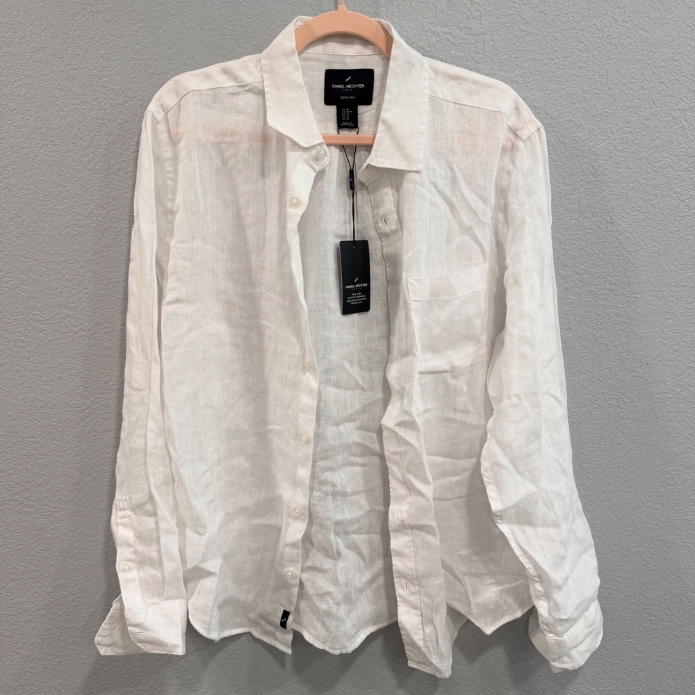 Daniel Hechter Paris Mens White 100% Linen Long Sleeve Button Down Shirt Size M